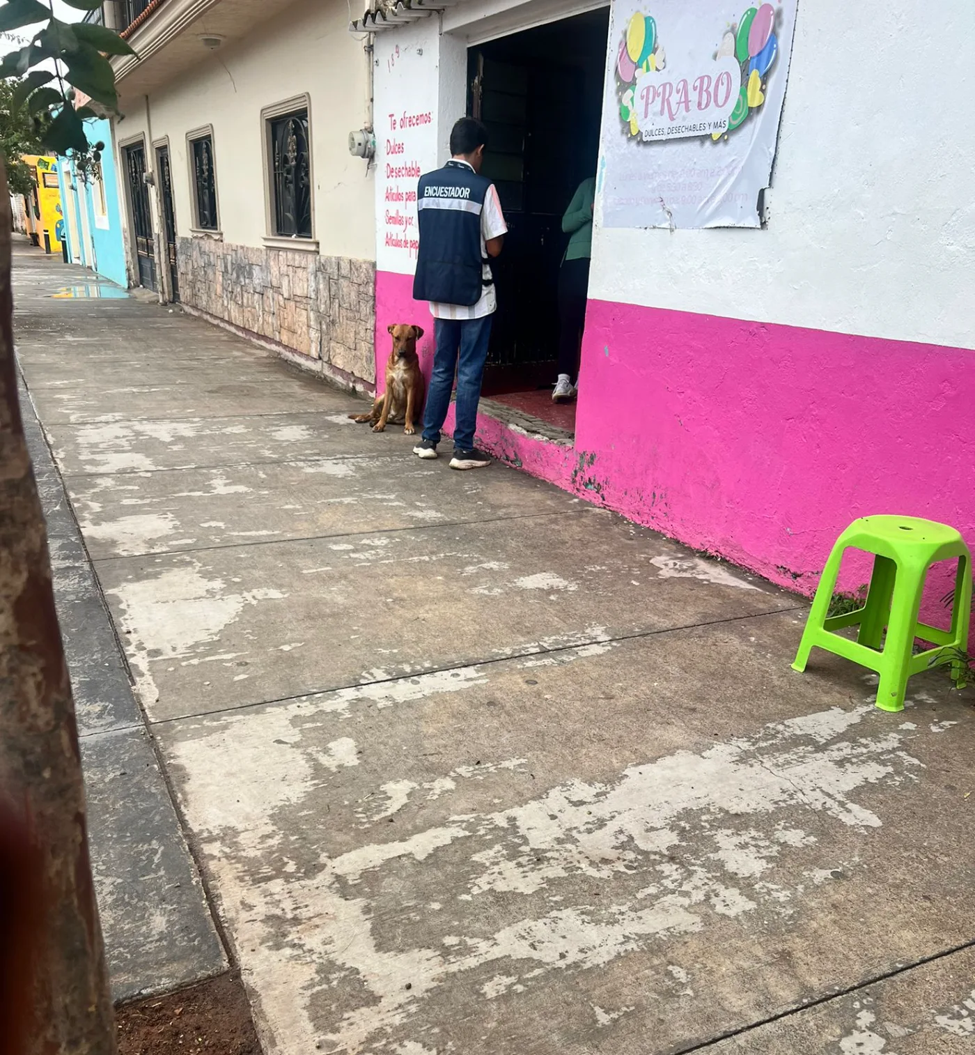 Encuestador de CENESSOD levantando una entrevista en la puerta de un comercio.